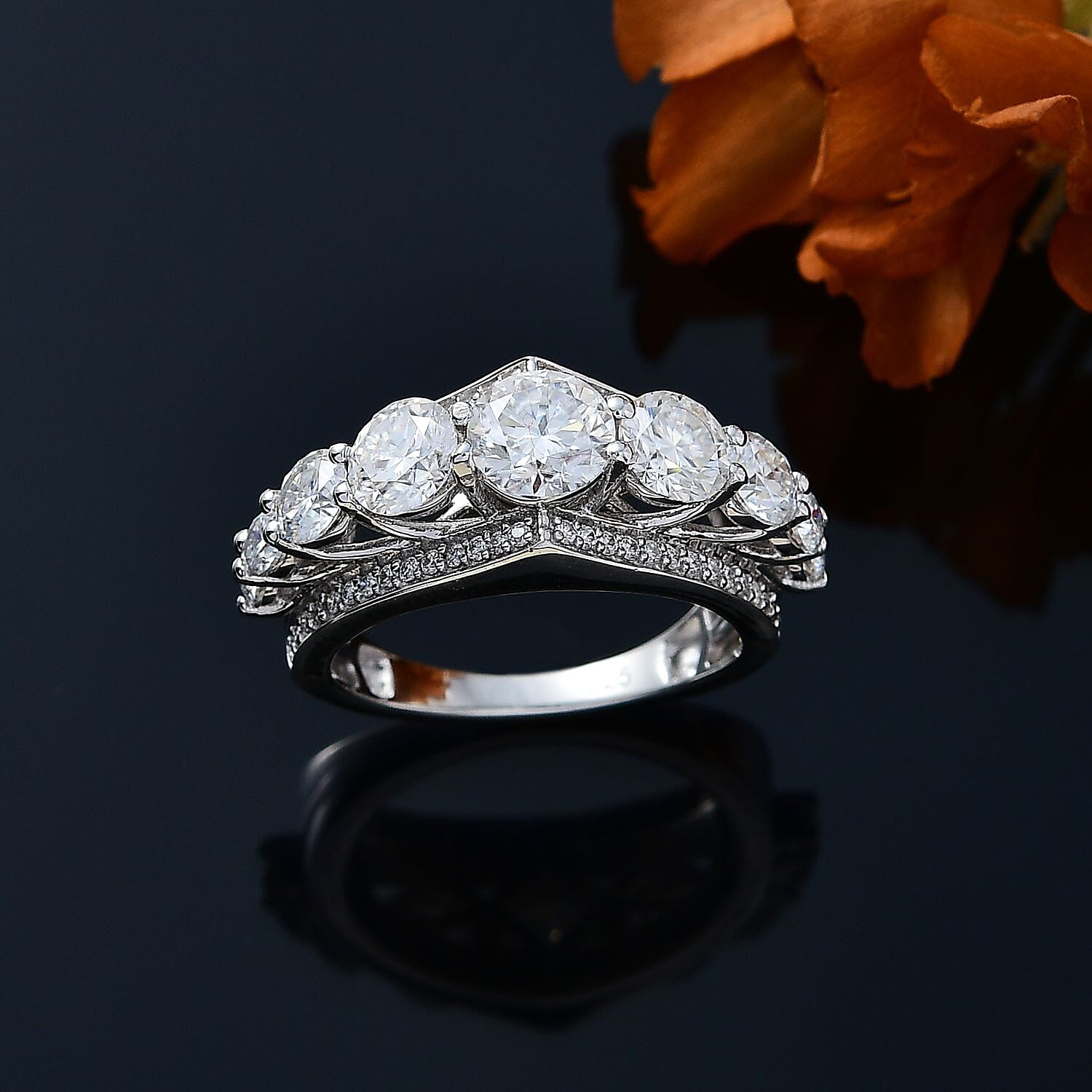 New Arrival -Designer Inspired -  Moissanite Crown Ring in rhodium overlay Sterling Silver 3.15 ct