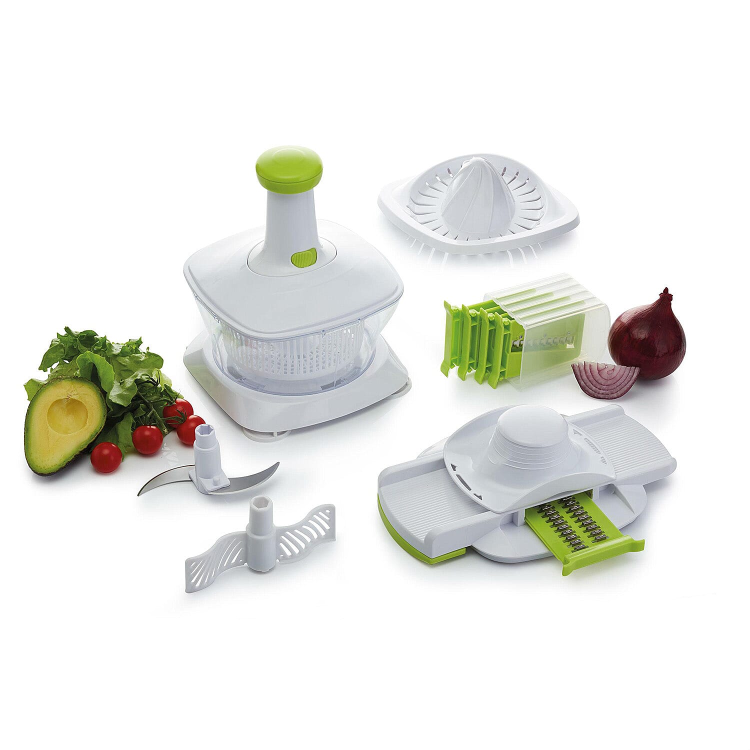 Chopper, mixer, salad spinner, citrus juicer and 5-blade mandoline slicer, 100% BPA Free - White