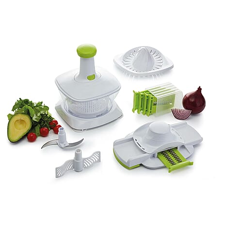 Chopper, mixer, salad spinner, citrus juicer and 5-blade mandoline slicer, 100% BPA Free - White