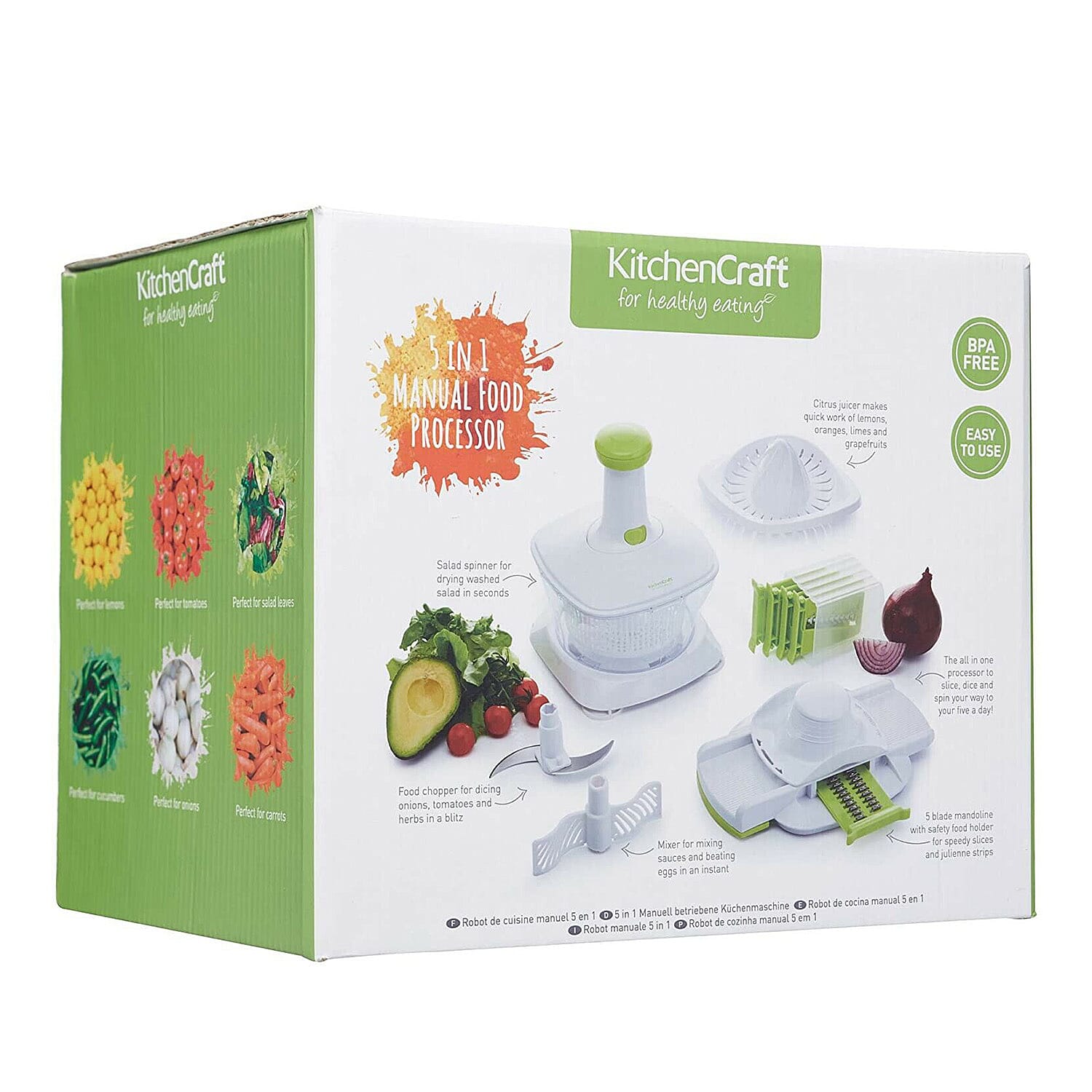 Chopper, mixer, salad spinner, citrus juicer and 5-blade mandoline slicer, 100% BPA Free - White