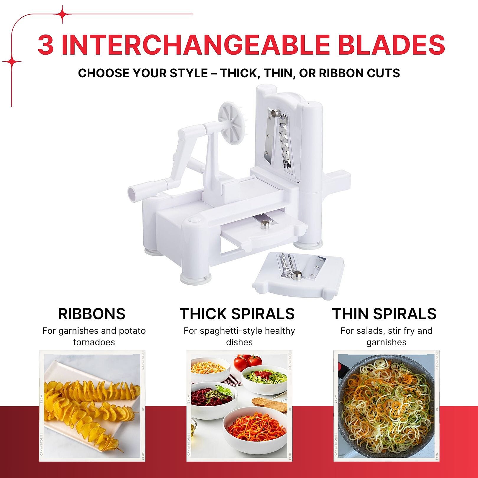 Spiralizer - Veg and Fruit - 3 Cutting Blades - Ribbons and Noodles  - White