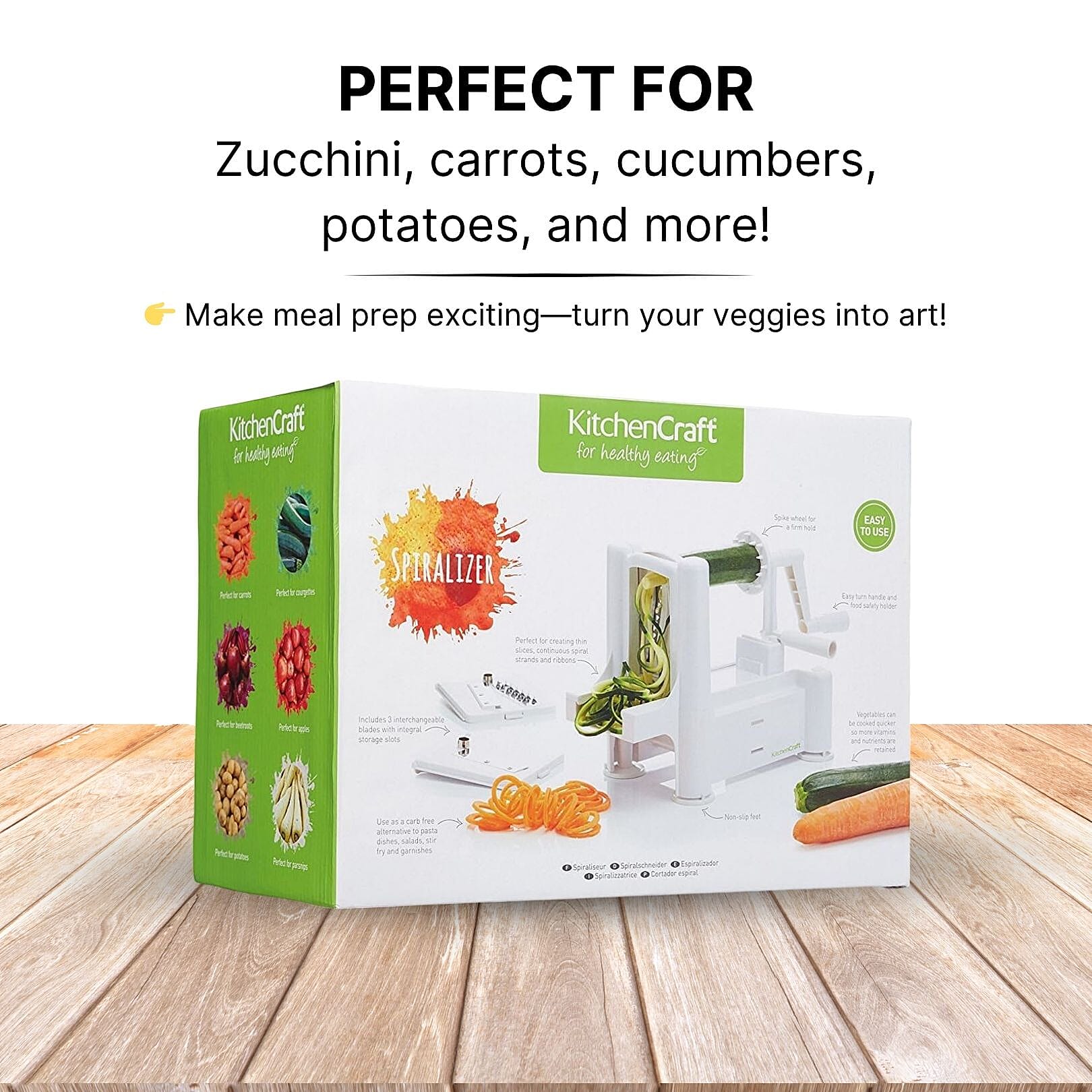 Spiralizer - Veg and Fruit - 3 Cutting Blades - Ribbons and Noodles  - White