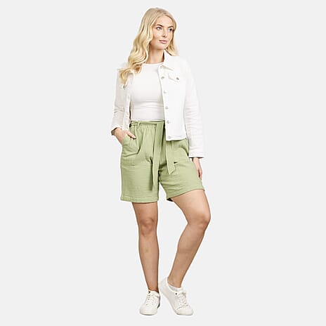 Mudflower 100% Cotton Knee-length Belted Shorts (Size 14) - Green