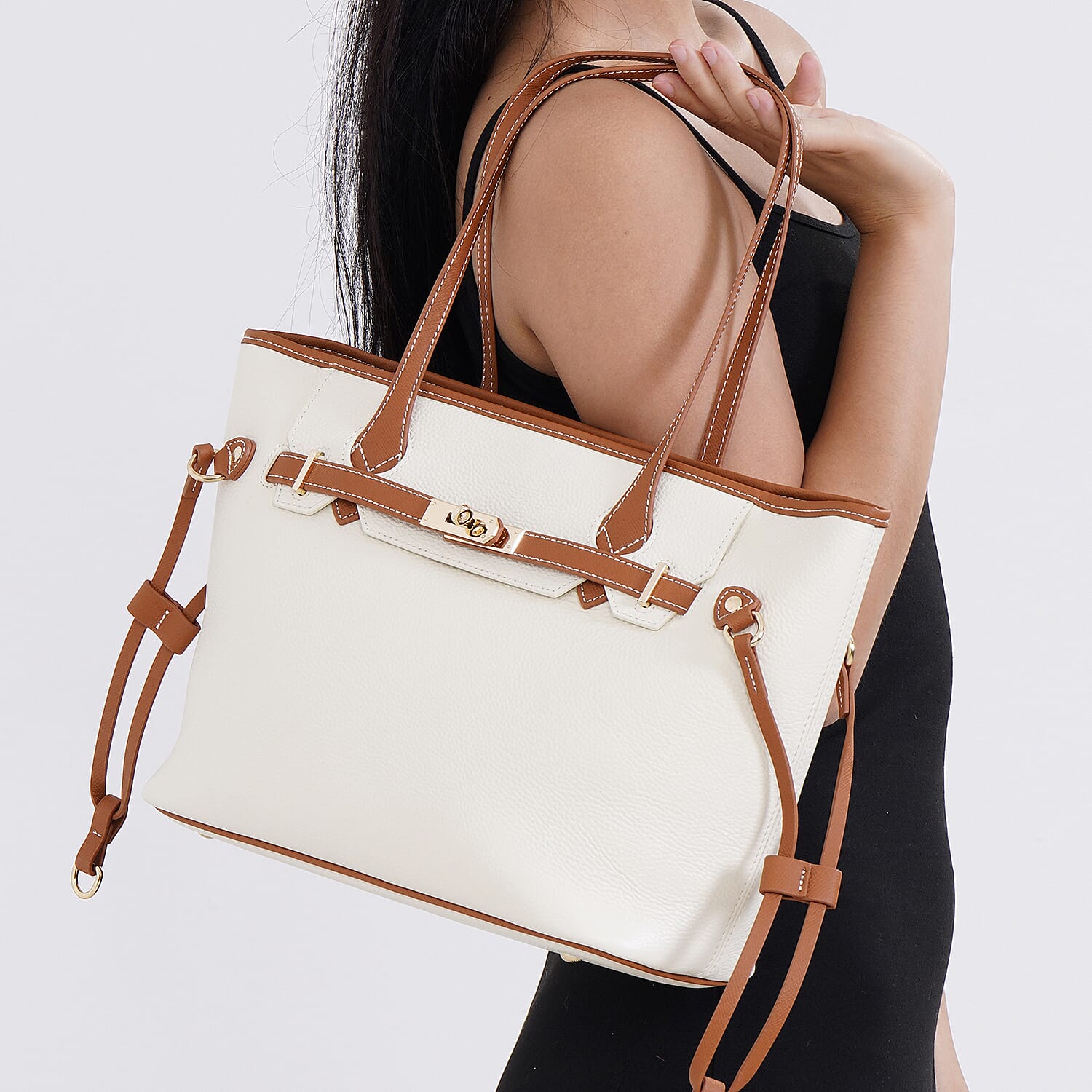 Genuine Leather Tote Bag - Cream