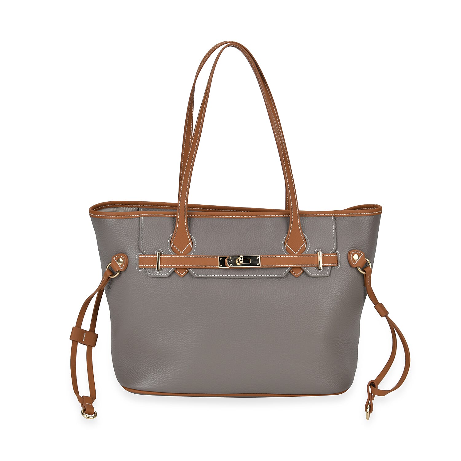 Genuine Leather Tote Bag with Handle Drop - Grey - Brown