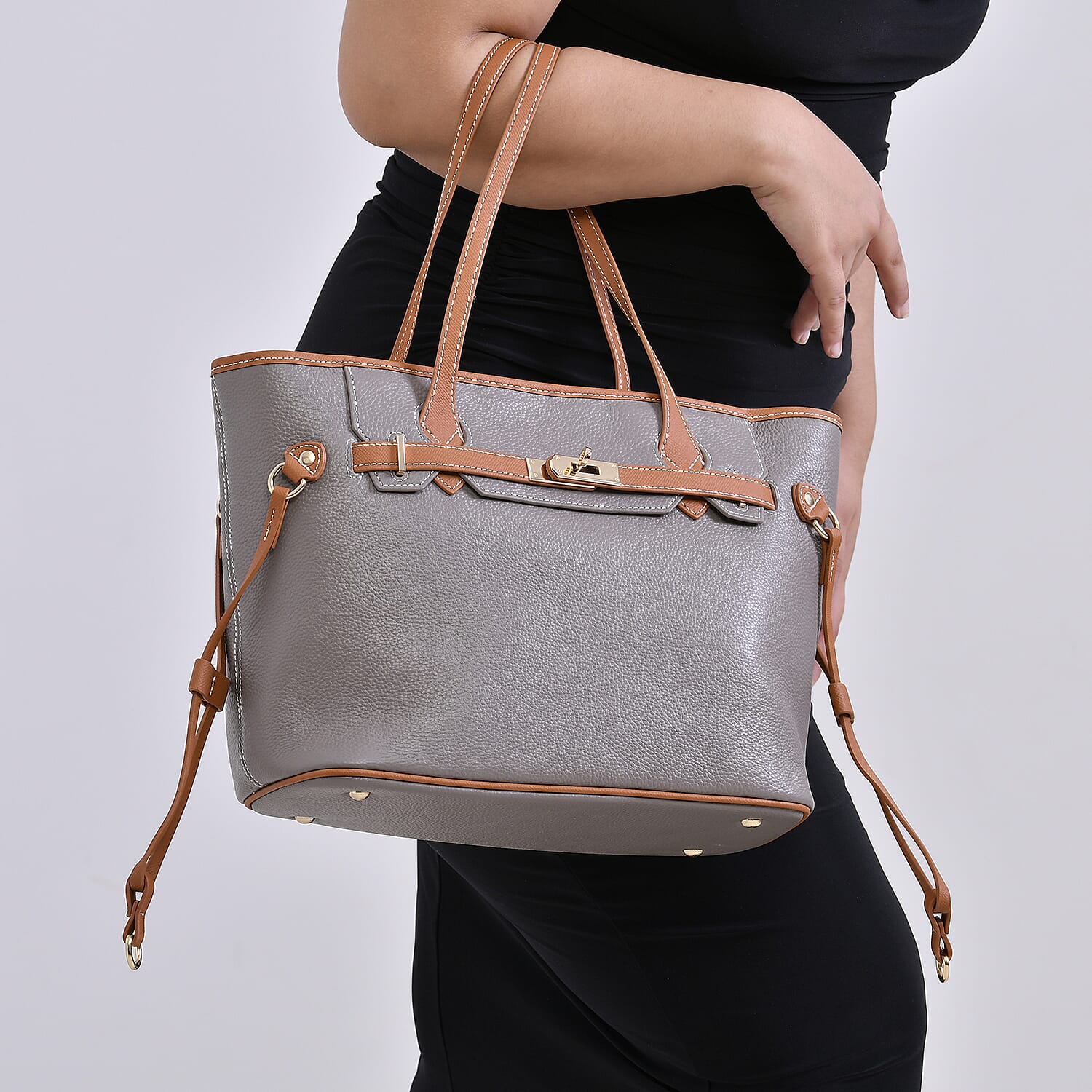 Genuine Leather Tote Bag with Handle Drop - Grey - Brown