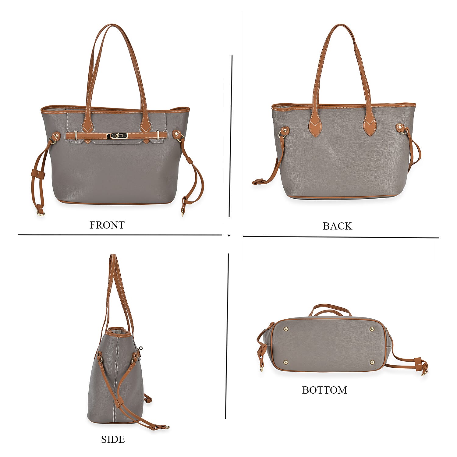 Genuine Leather Tote Bag with Handle Drop - Grey - Brown