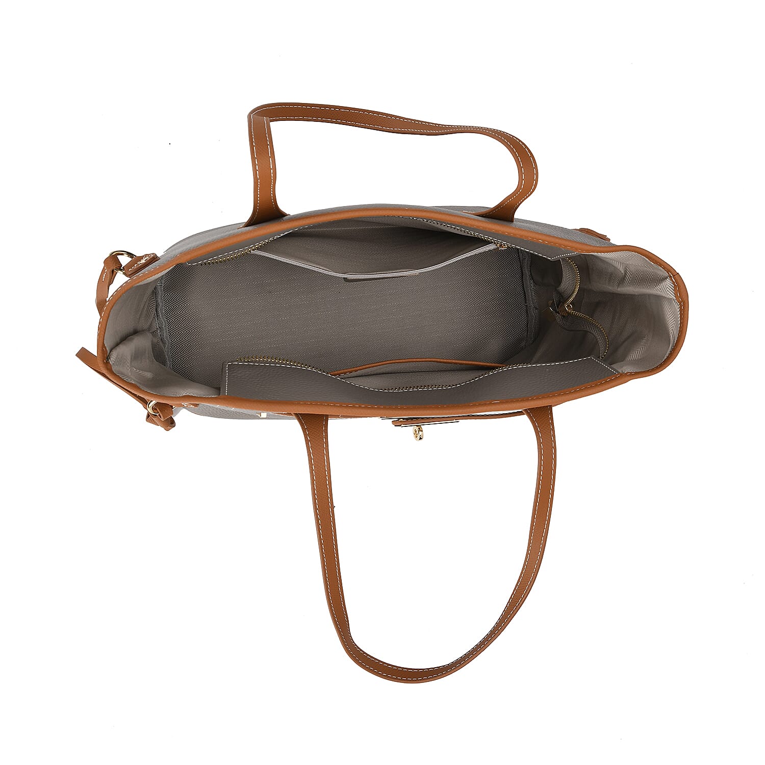 Genuine Leather Tote Bag with Handle Drop - Grey - Brown