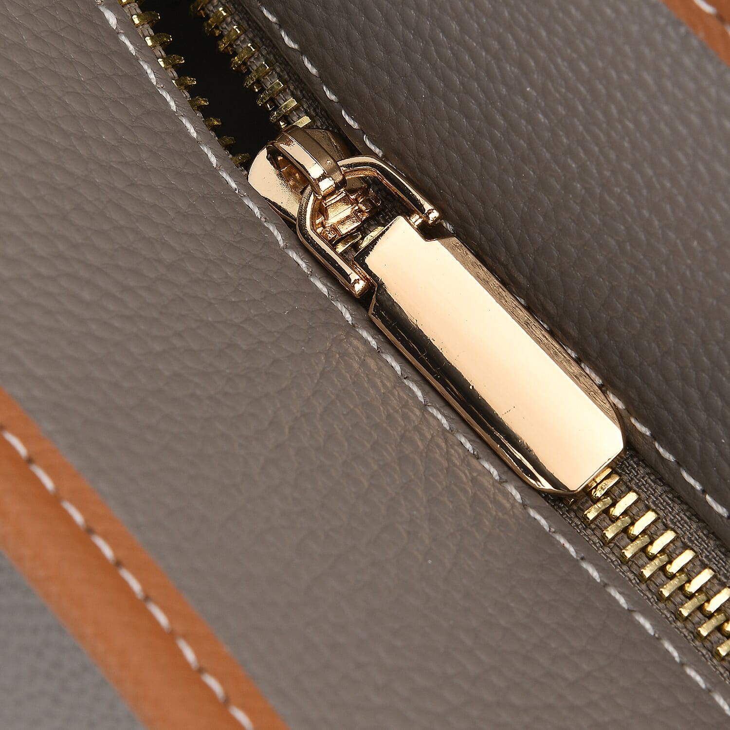 Genuine Leather Tote Bag with Handle Drop - Grey - Brown