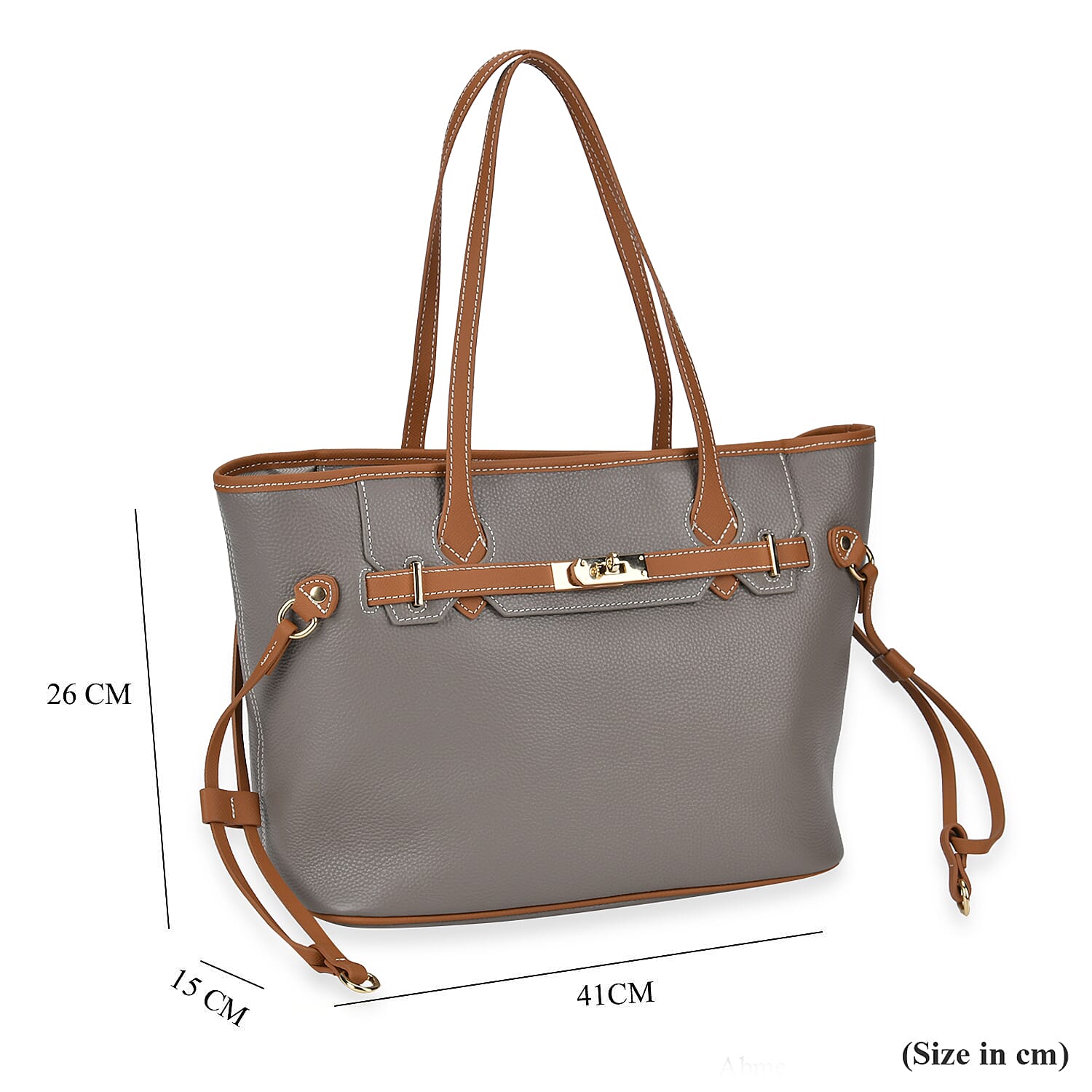 Genuine Leather Tote Bag with Handle Drop - Grey - Brown