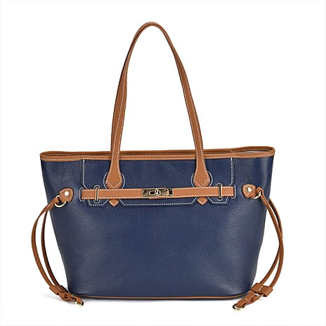 Genuine Leather Tote Bag - Navy