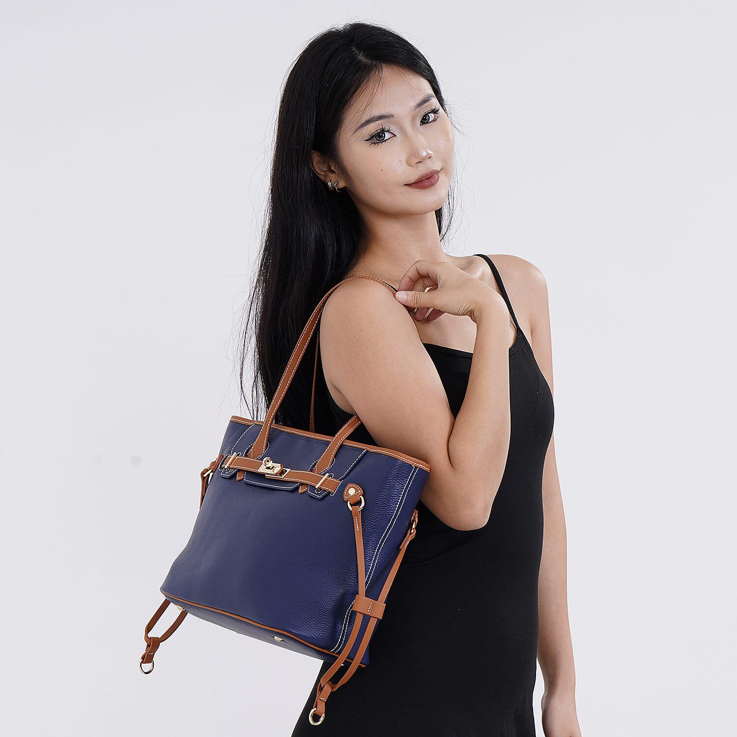 Genuine Leather Tote Bag - Navy