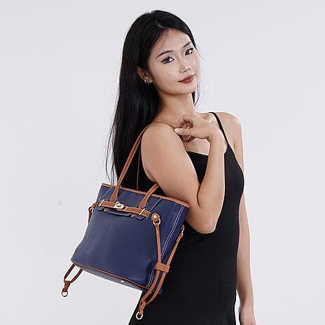 Genuine Leather Tote Bag - Navy