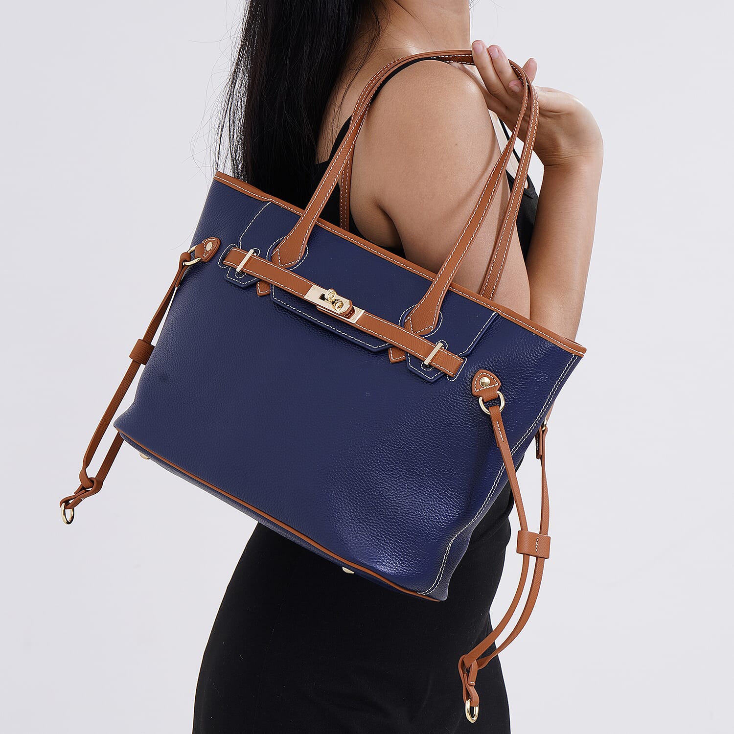 Genuine Leather Tote Bag - Navy
