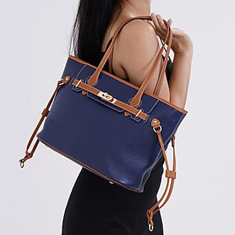 https://tjcuk.sirv.com/Products/78/4/7844656/Leather-Patterned-Tote-Bag-Size-41x15x26-cm-Navy-Brown_7844656_2.jpg?w=342&h=342