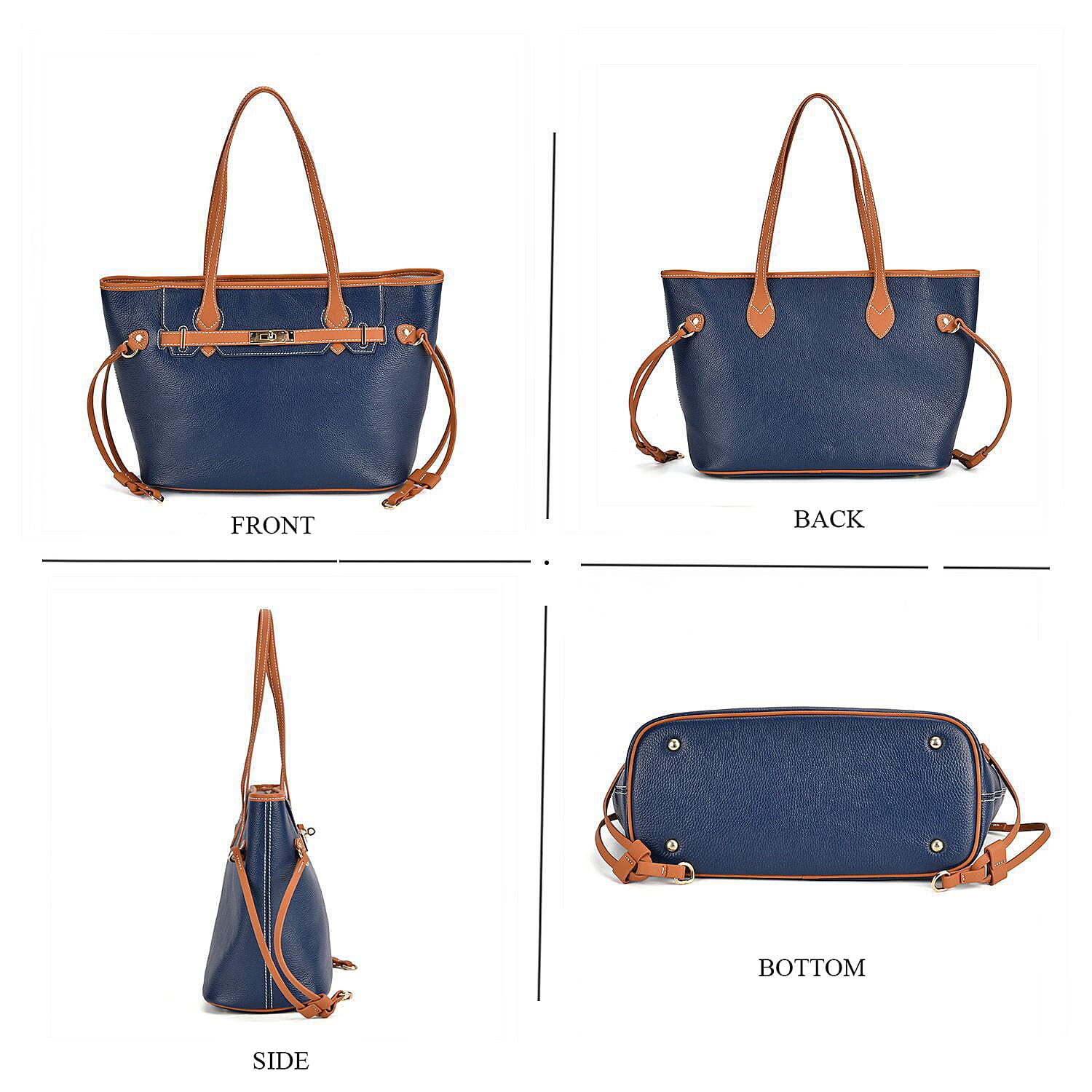 Genuine Leather Tote Bag - Navy