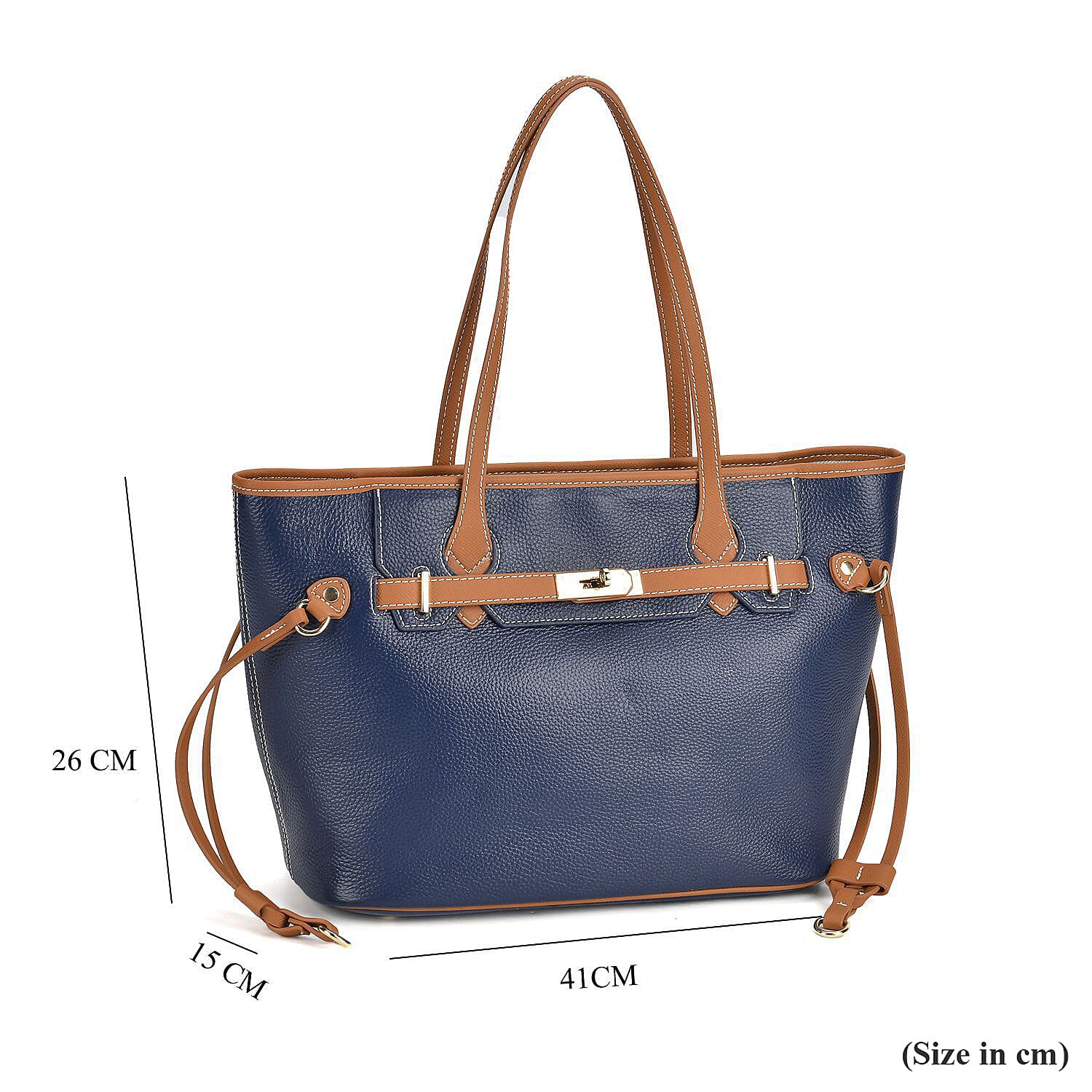 Genuine Leather Tote Bag - Navy