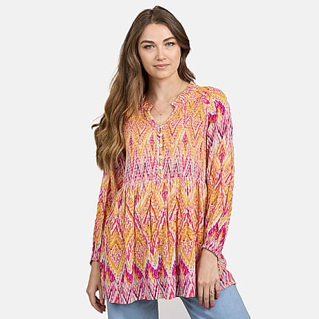 Mudflower Diamond Printed Blouse with Long-sleeve (Size 12) - Orange