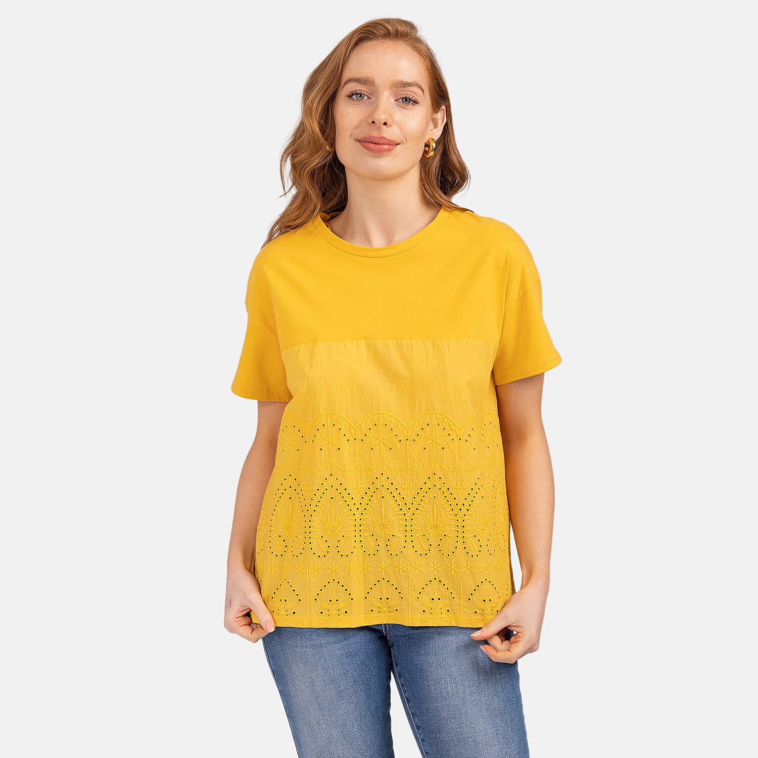 Mudflower 100% Cotton Broderie Anglaise T-Shirt (Size 12) - Mustard