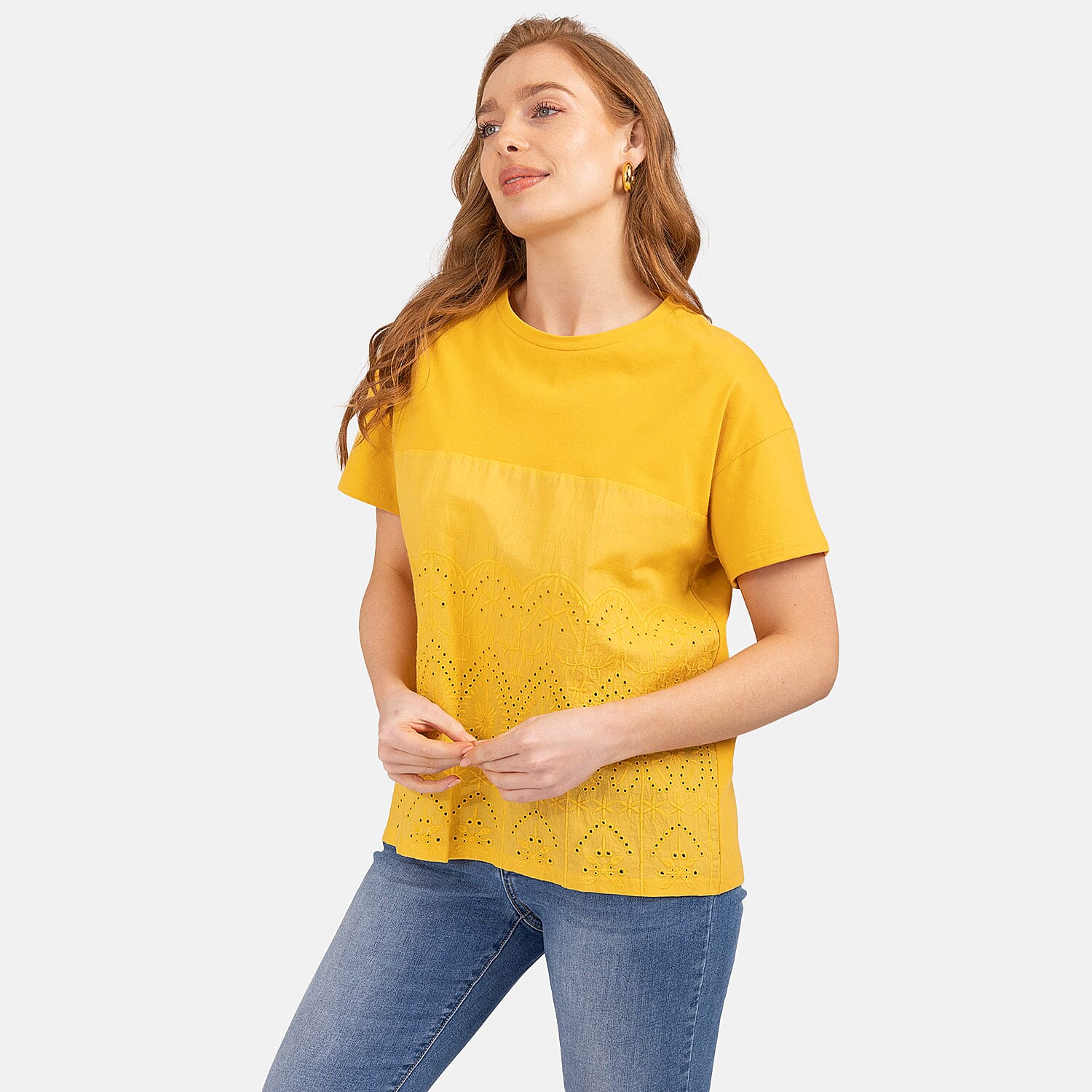 Mudflower 100% Cotton Broderie Anglaise T-Shirt (Size 12) - Mustard