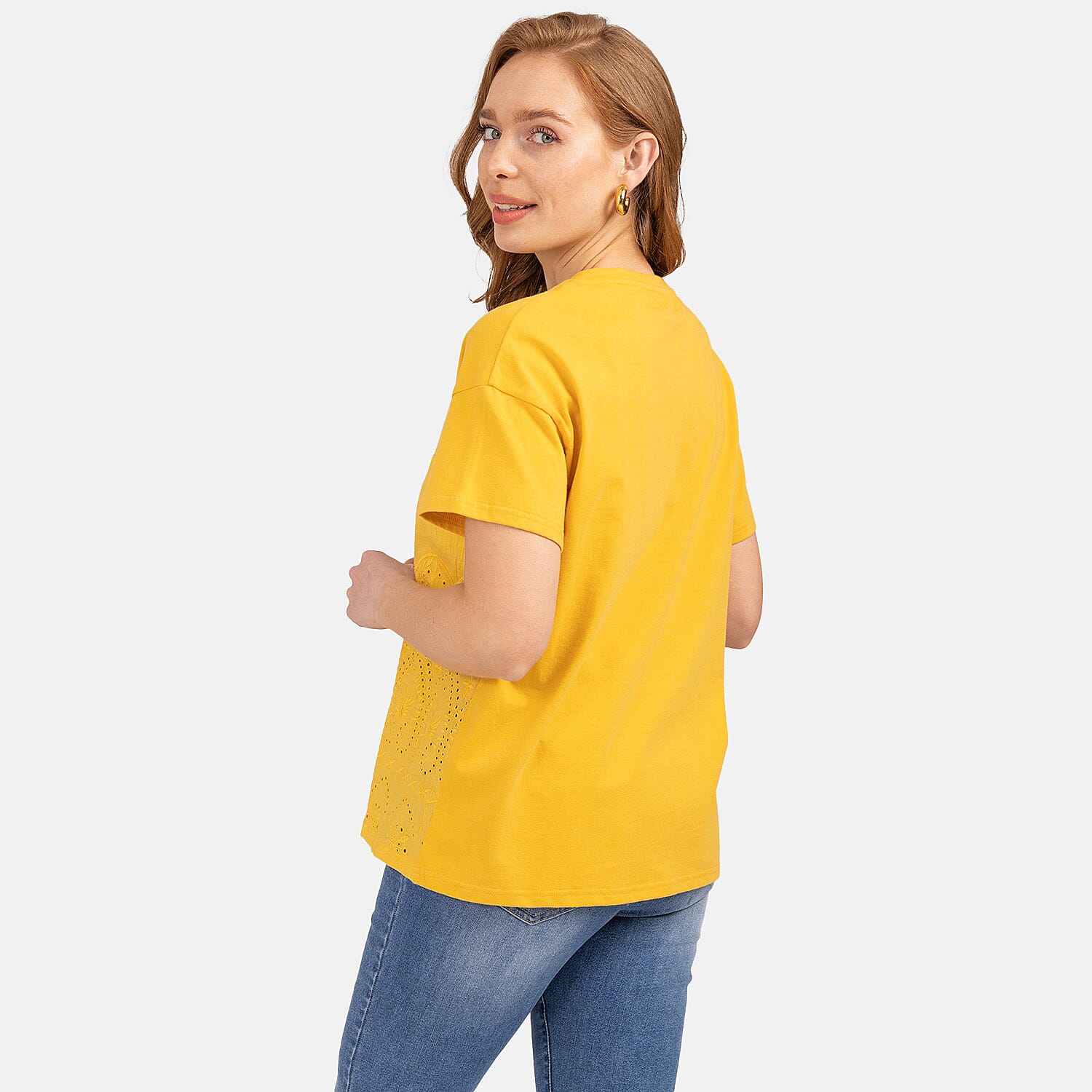 Mudflower 100% Cotton Broderie Anglaise T-Shirt (Size 12) - Mustard