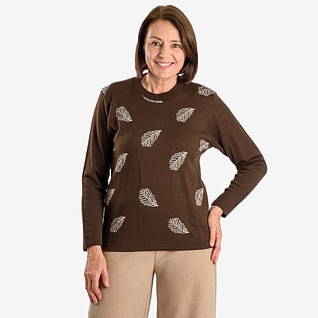 Emma Feather Printed Knitted Jumper (Size L) - Brown