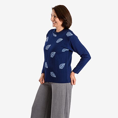 Emma Feather Printed Knitted Jumper (Size L) - Navy