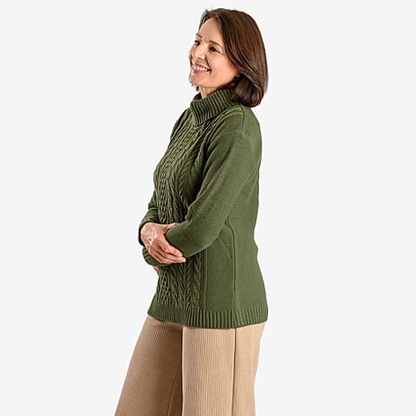 Emma Cableknit Roll Neck Pullover (Size 16 to 18) - Deep Olive