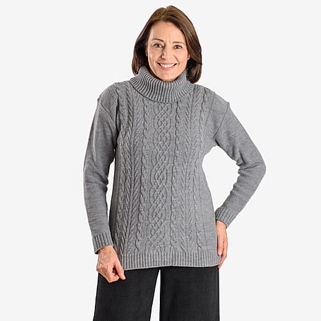 Emma Cableknit Roll Neck Pullover (Size 16 to 18) - Light Grey
