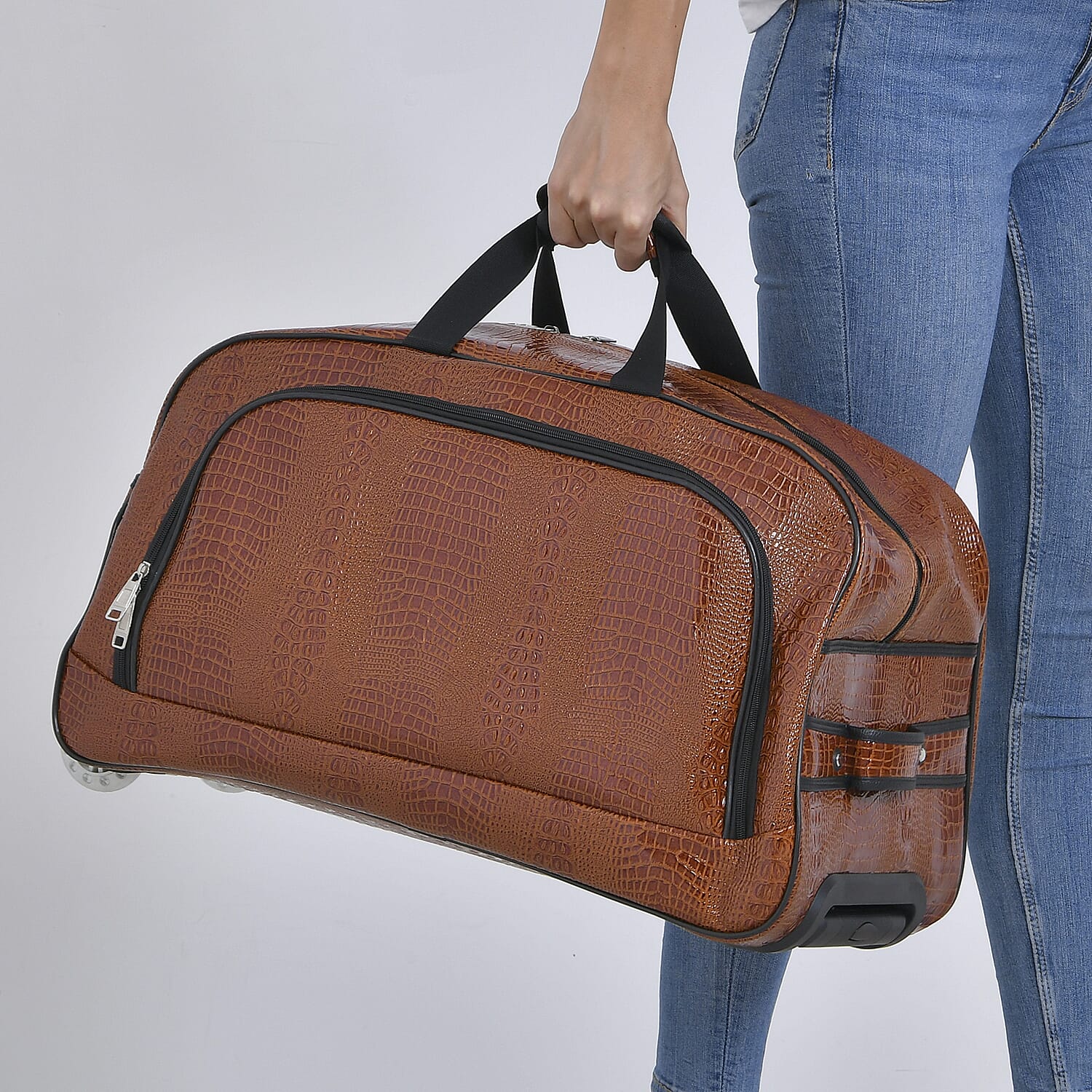 Passage Leatherette Croc Pattern Travel Bag with Adjustable Handle - Wheel - Brown