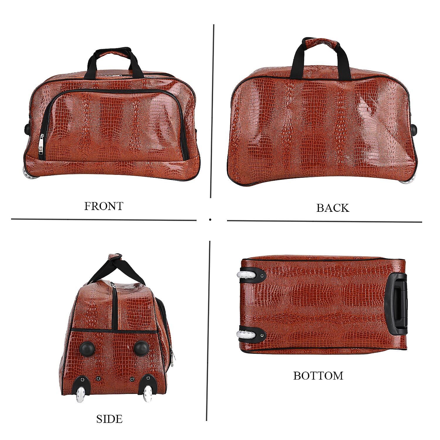 Passage Leatherette Croc Pattern Travel Bag with Adjustable Handle - Wheel - Brown