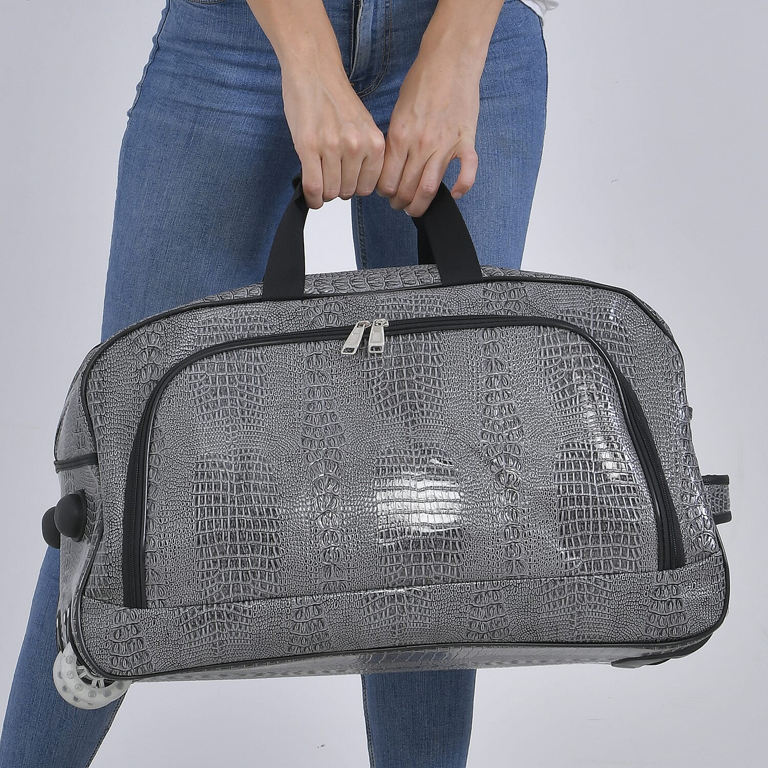 Passage Leatherette Croc Pattern Travel Bag with Adjustable Handle - Wheel - Grey