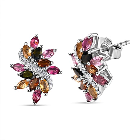 Multi-Tourmaline, White Zircon Solitaire Stud With Push Back Earring in Rhodium Sterling Silver 2.120 Ct.