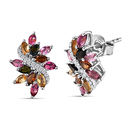 Multi-Tourmaline, White Zircon Cluster Push Post Earrings in Rhodium Sterling Silver Multi-Tourmaline, White Zircon Cluster Push Post Earrings in Rhodium Sterling Silver
