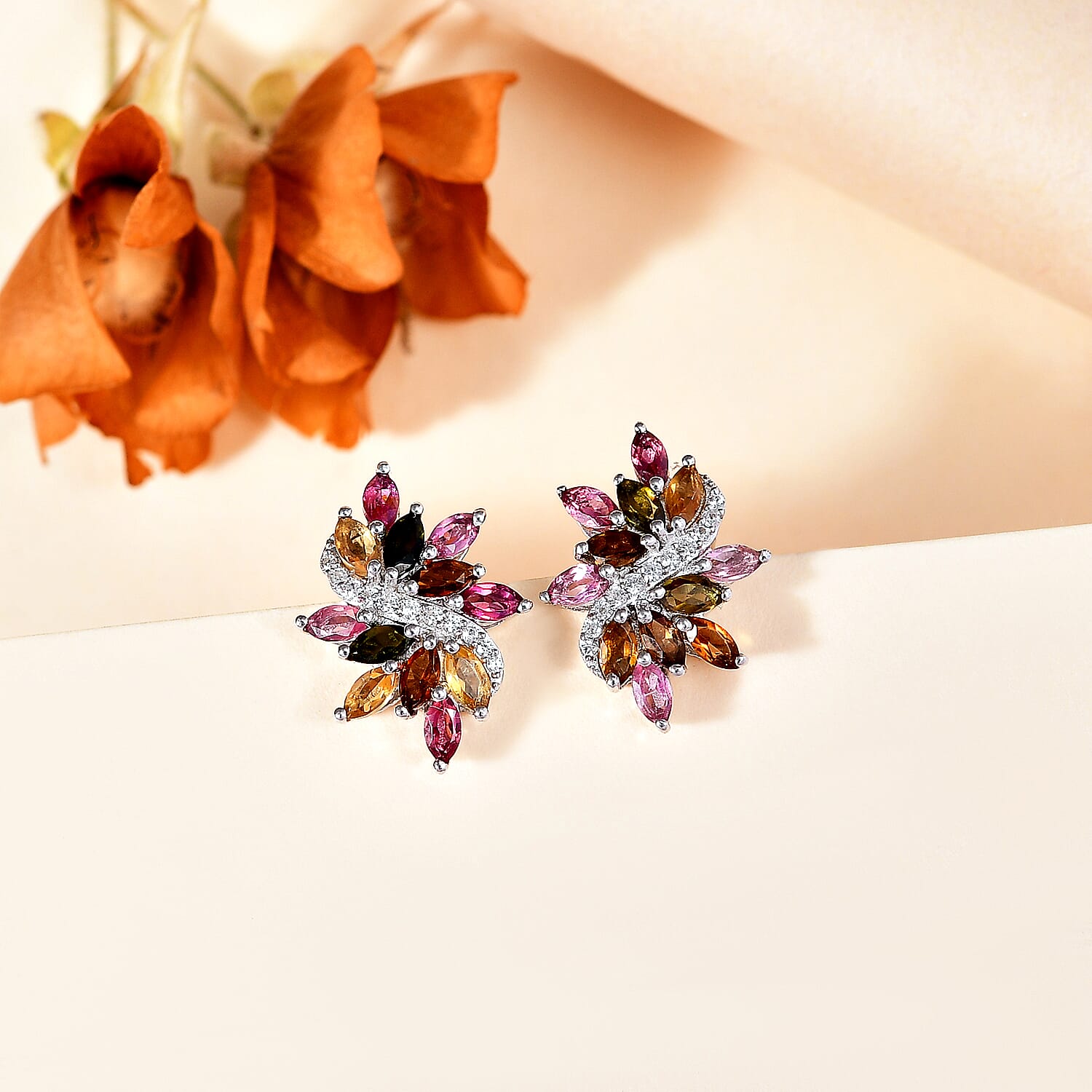 Multi-Tourmaline & White Zircon Solitaire Stud With Push Back Earring in Rhodium Overlay Sterling Silver 2.12 Ct.
