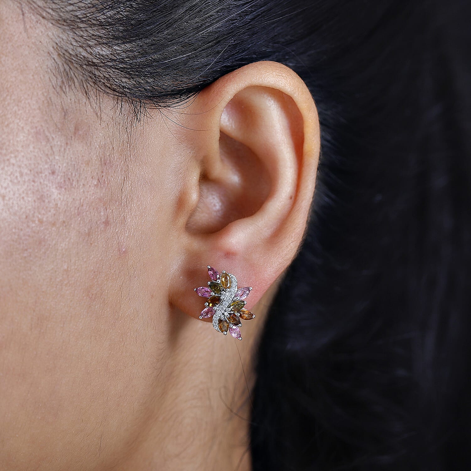 Multi-Tourmaline & White Zircon Solitaire Stud With Push Back Earring in Rhodium Overlay Sterling Silver 2.12 Ct.