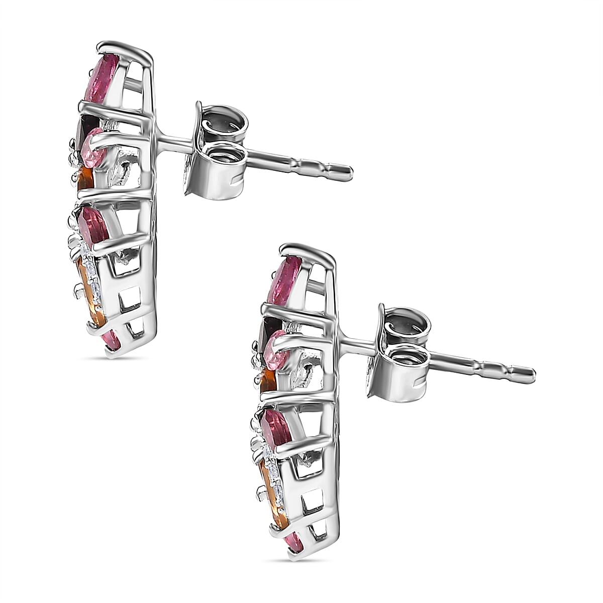 Multi-Tourmaline & White Zircon Solitaire Stud With Push Back Earring in Rhodium Overlay Sterling Silver 2.12 Ct.