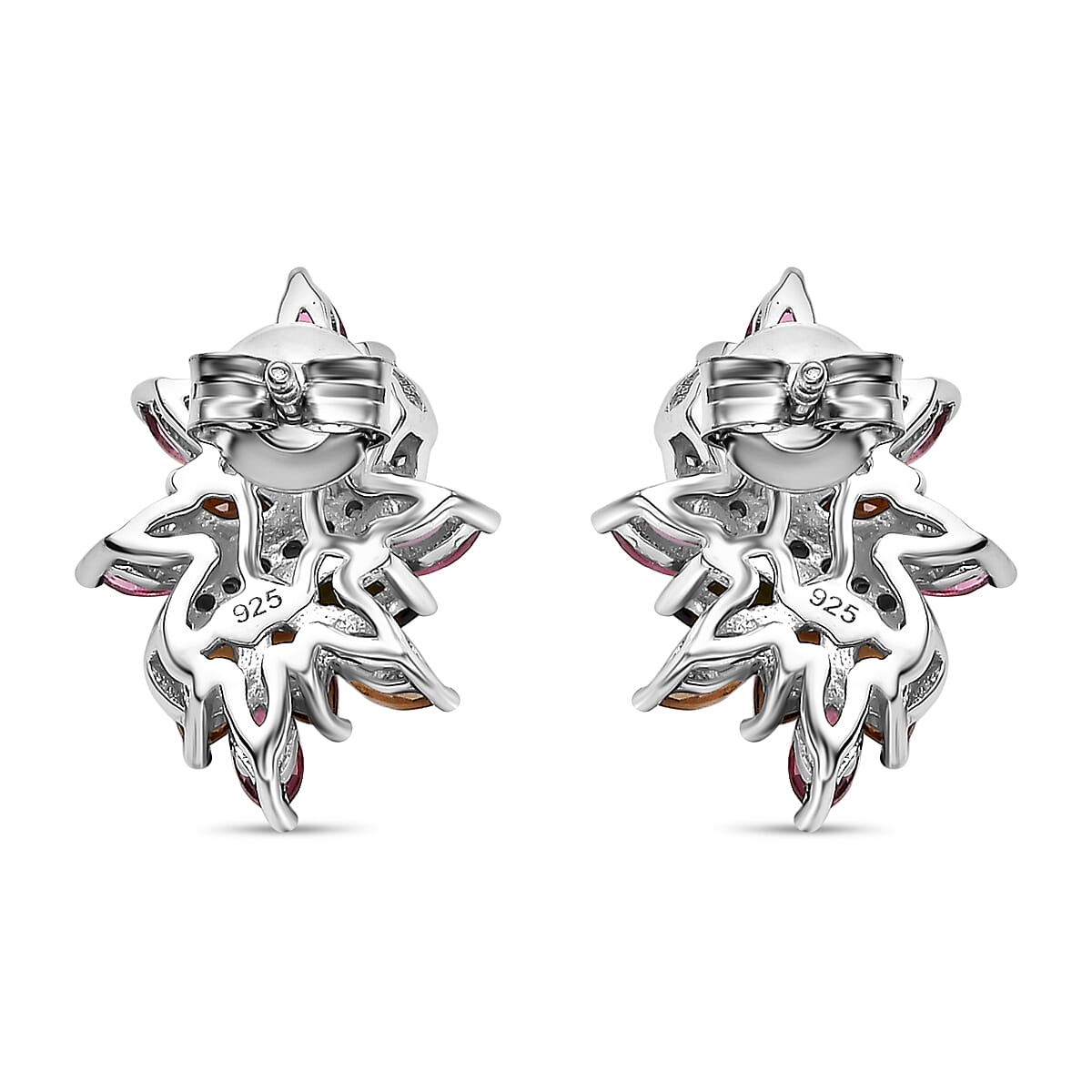 Multi-Tourmaline & White Zircon Solitaire Stud With Push Back Earring in Rhodium Overlay Sterling Silver 2.12 Ct.