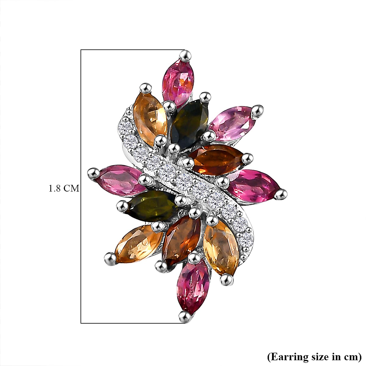 Multi-Tourmaline & White Zircon Solitaire Stud With Push Back Earring in Rhodium Overlay Sterling Silver 2.12 Ct.