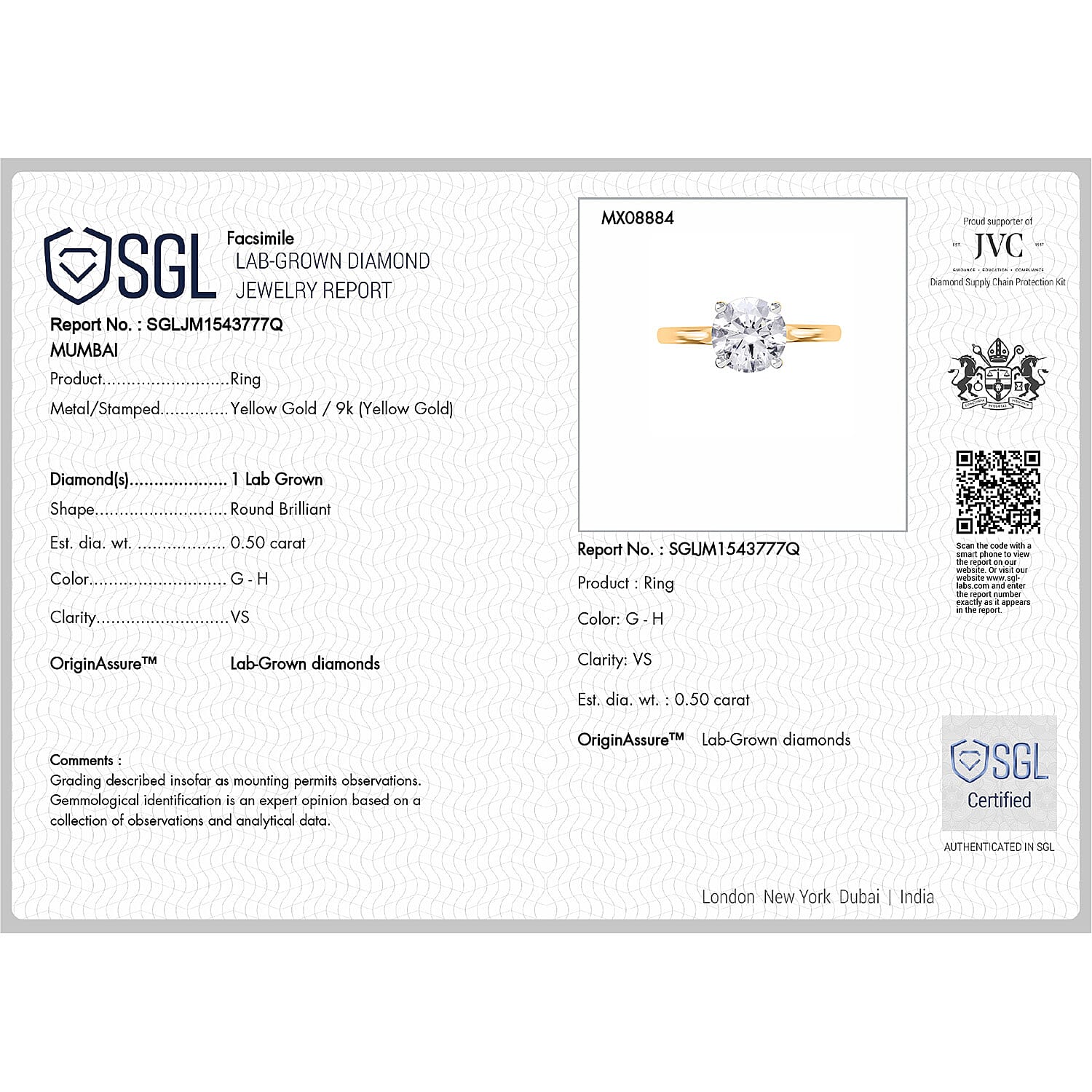 Luxuriant - 9K Yellow Gold SGL Certified (VS-GH) Lab Grown Diamond Solitaire Ring 0.50 Ct.