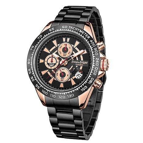 Limited Edition Swan - Edgar Hand Assembled Speed Target Mechanical Quartz Mens Watch - Rose Gold - Black