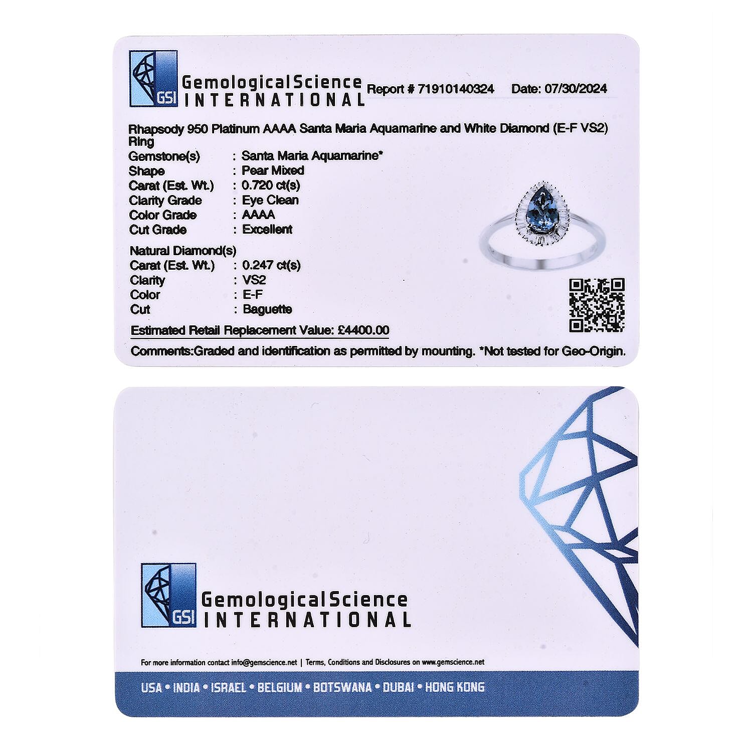 Certified & Appraised RHAPSODY - 950 Platinum AAAA Santa Maria Aquamarine & Diamond (V-S-E-F) Ring 1.00 Ct. Certified & Appraised RHAPSODY - 950 Platinum AAAA Santa Maria Aquamarine & Diamond (V-S-E-F) Ring 1.00 Ct.