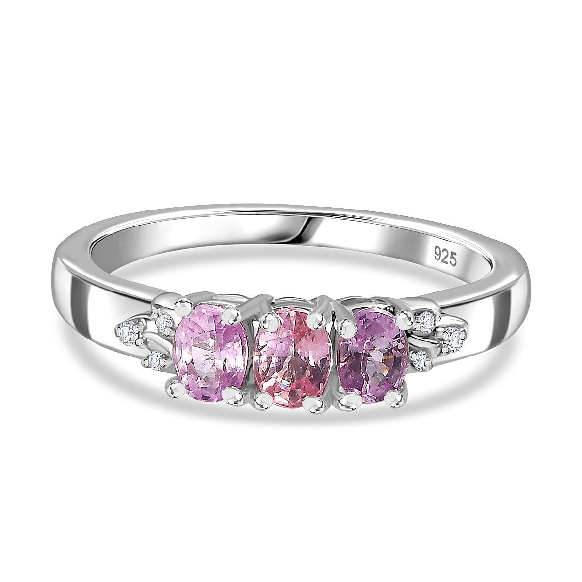 Pink Sapphire and White Zircon Band Ring in Rhodium Overlay Sterling Silver