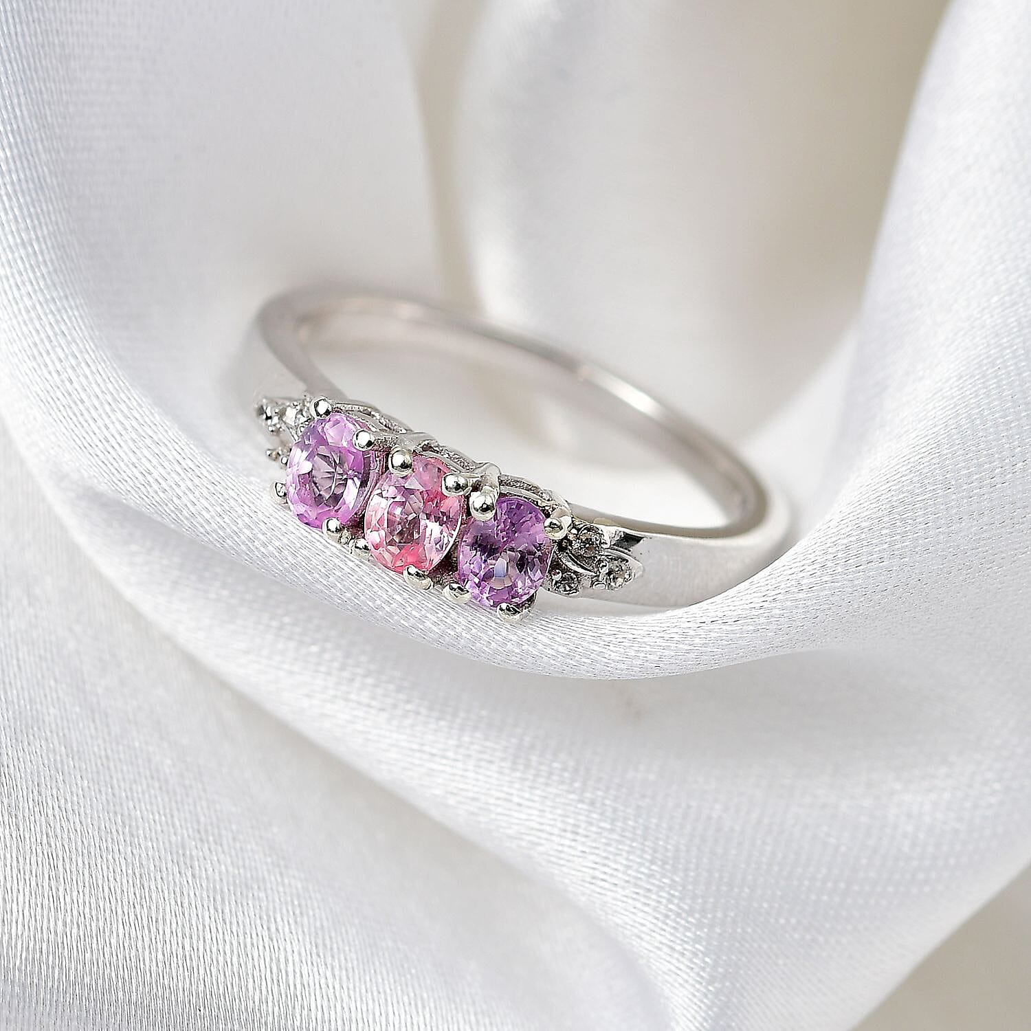 Pink Sapphire and White Zircon Band Ring in Rhodium Overlay Sterling Silver