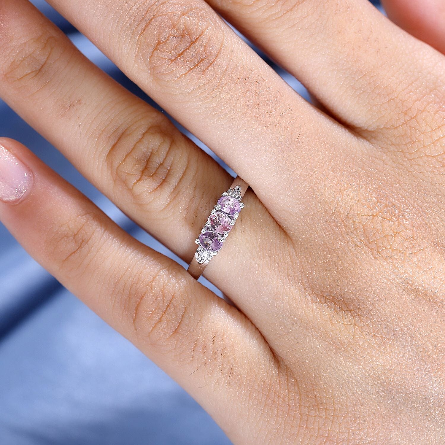 Pink Sapphire and White Zircon Band Ring in Rhodium Overlay Sterling Silver