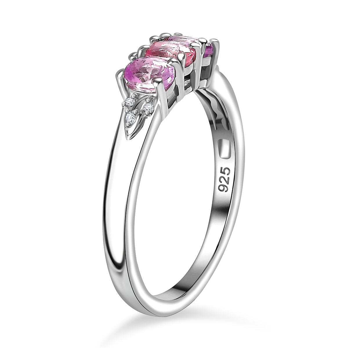 Pink Sapphire and White Zircon Band Ring in Rhodium Overlay Sterling Silver