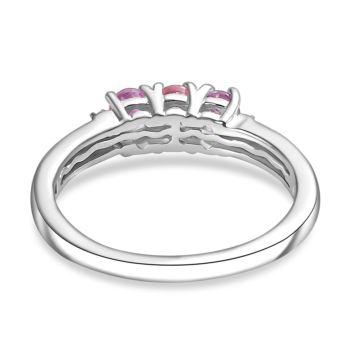 Pink Sapphire and White Zircon Band Ring in Rhodium Overlay Sterling Silver