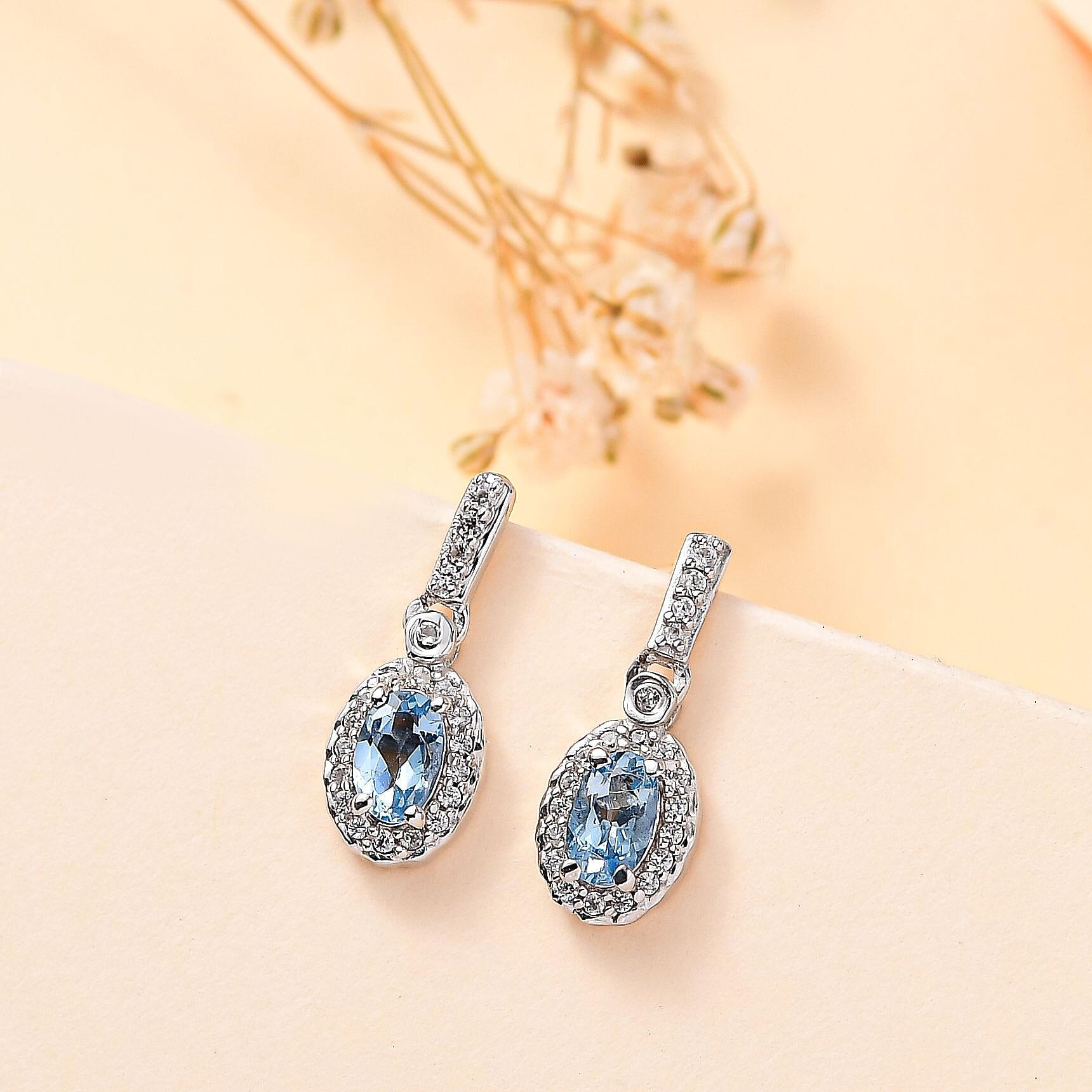 Santamaria Aquamarine & Natural Zircon Dangle Earrings in Rhodium Overlay Sterling Silver