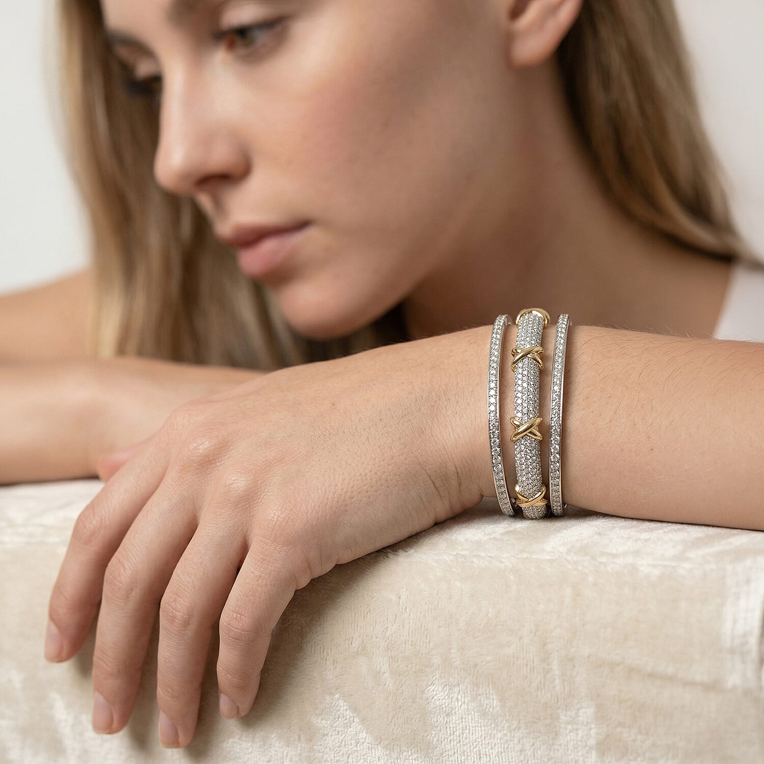 Designer Inspired - Cubic Zirconia Criss Cross Bangle (Size 7.5) in Dual Tone