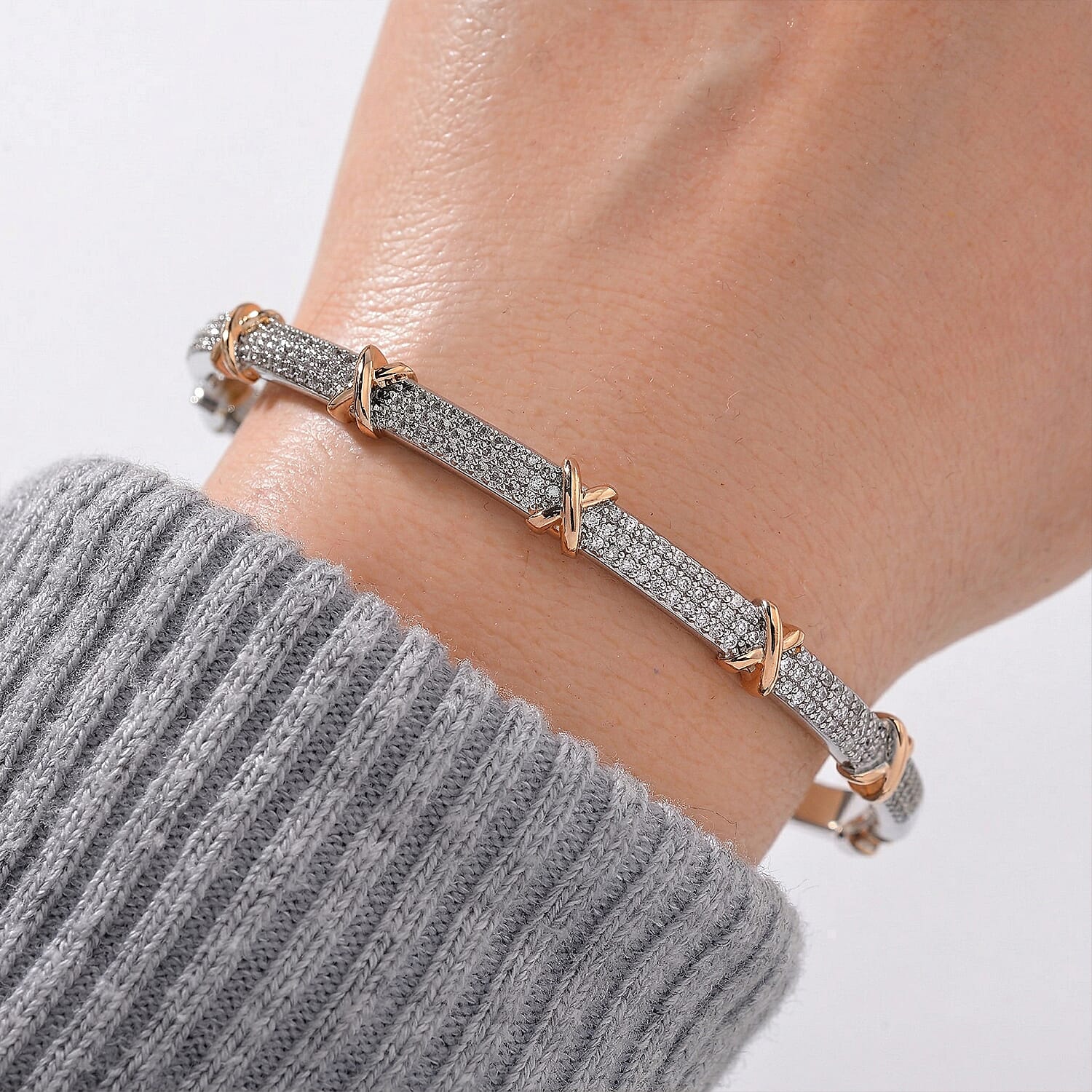 Designer Inspired - Cubic Zirconia Criss Cross Bangle (Size 7.5) in Dual Tone